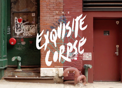 Stylized white text reading 'The Exquisite Corpse Project' over a brick wall and red door.