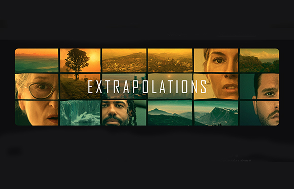 A collage of landscape and portrait panels with the word EXTRAPOLATIONS centered in white text.