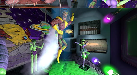 Stylized digital characters in a cosmic room with planets, stars, and bright neon lights.