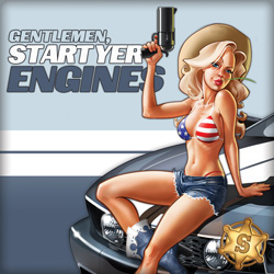 Cartoon blonde woman in a patriotic bikini and denim shorts sitting on a car hood holding a handgun.