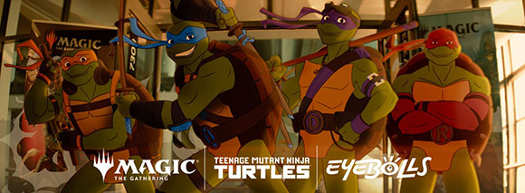 Four Teenage Mutant Ninja Turtles posing together in front of Magic: The Gathering promotional posters.