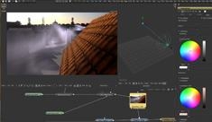 A 3D modeling software interface displaying a rendered scene of a tiled roof amidst fog and light beams.