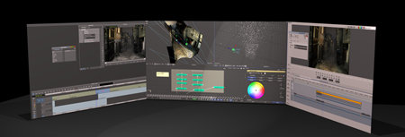 Three computer software interfaces for video editing and 3D modeling displayed in a wide, curved arrangement.