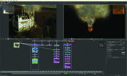 A digital compositing software interface displaying a burning castle and a smoke plume effect.