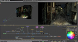 A 3D software interface displaying a dark, narrow alleyway scene and a complex node-based shader network.