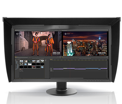 A wide computer monitor displaying a video editing interface with two video clips and a timeline.