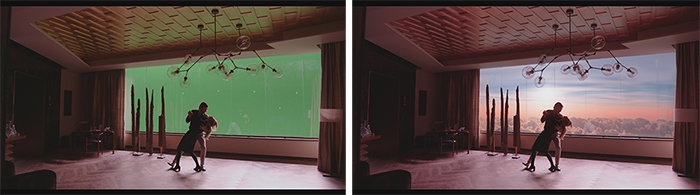 Two panels showing a dancer in a room, one with a green screen window and one with a sunset sky.
