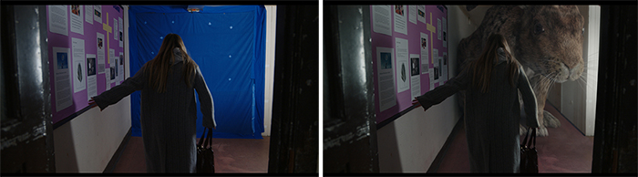 Two panels showing a woman in a long coat facing a blue screen on the left and a large lion model on the right.