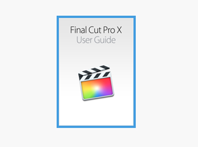 A white user guide cover for Final Cut Pro X featuring a colorful film clapperboard icon.