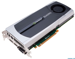 NVIDIA Quadro graphics card with silver and black casing, green NVIDIA logo, and gold connectors.
