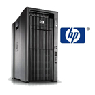 Black HP computer tower with vertical vents and the blue HP logo to its right.