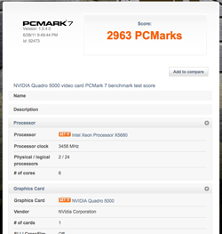 PCMark 7 benchmark score of 2963 for NVIDIA Quadro 5000 video card with Intel Xeon X5680 processor.