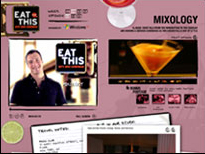 A collage for 'Eat This, Drink This' featuring a man, a martini glass, and mixology text.
