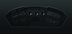 A dark electronic control panel featuring numerous small blue lights and circular dials against a black background.