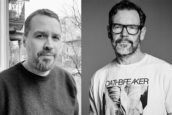 Two black and white portraits of men, one with a beard in a sweater and one with glasses in a graphic t-shirt.