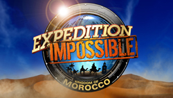 Logo for Expedition Impossible: Kingdom of Morocco over a desert landscape.