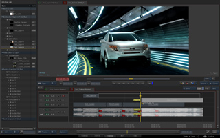A video editing software interface displaying a car driving through a tunnel on a timeline.
