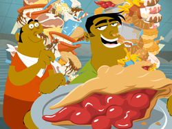 Cartoon illustration of two men smiling behind a large slice of cherry pie and piles of food.