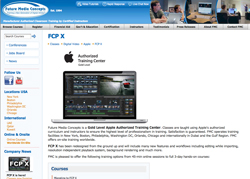 Website page for Future Media Concepts displaying FCP X training details and an Apple Authorized Training Center logo.