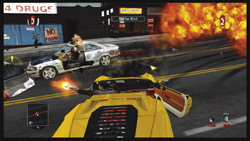 A video game scene showing a white car being shot at and a yellow car driving through an explosion.
