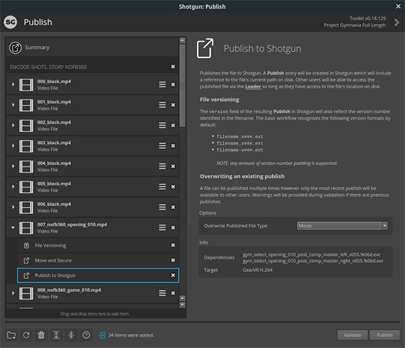 Software interface displaying a list of MP4 files and a panel for publishing to Shotgun.