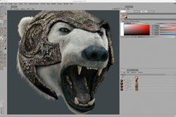 A polar bear head wearing a weathered metal helmet displayed within a digital photo editing interface.