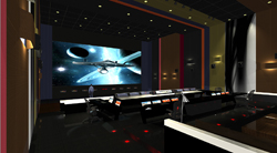 A large screen showing a spacecraft in space, viewed from a dark control room with multiple workstations.