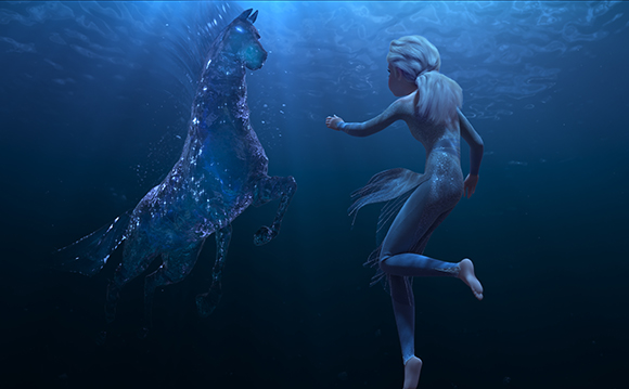 An animated woman with light hair swims underwater toward a translucent, glowing water horse.
