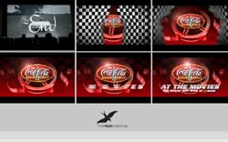 A grid of six frames featuring red Coca-Cola logos and graphic design elements.