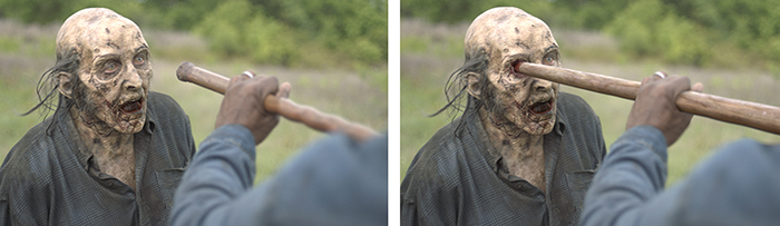 A person uses a wooden staff to strike a zombie in the face, shown in two sequential frames.