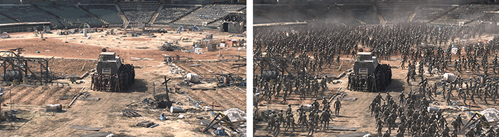 A large tank sits on a dirt field in a stadium, surrounded by a massive crowd of soldiers in the second frame.