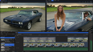 Video editing software interface displaying two video clips of a blue classic car and a woman in an open field.