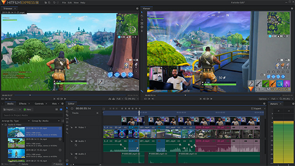 Video editing software interface showing two side-by-side gameplay windows of Fortnite.