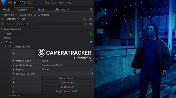Software interface showing Camera Tracker settings overlaid on a video of a man in a dark setting.