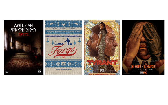 Four vertical posters for American Horror Story Hotel, Fargo, Tyrant, and The People vs. OJ Simpson.