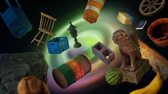 A collection of objects including a chair, barrel, watermelon, and lion statue floating in a green and purple swirl.