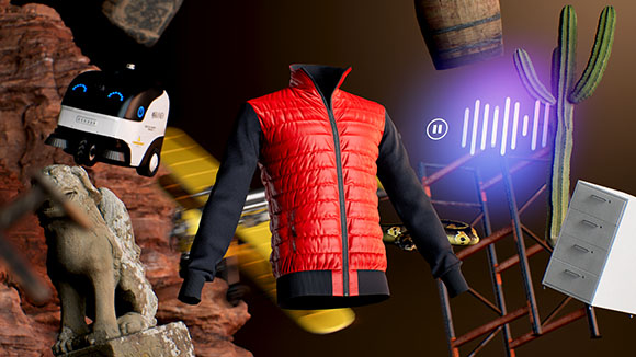 A collage featuring a red puffer vest, a small white delivery robot, a cactus, and a yellow airplane.