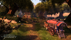 A red and blue covered wagon sits in a grassy forest clearing near large trees.