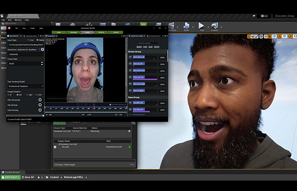 Software interface displaying a live video of a person and a large 3D digital character model of a man.