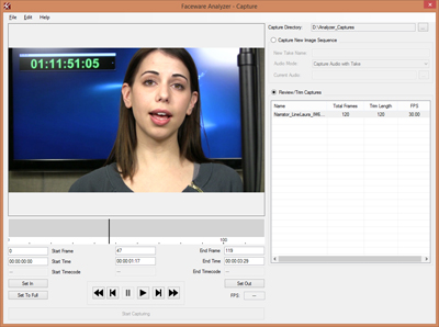 Software interface showing a video preview of a woman and a list of captured video sequences.