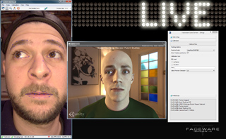 A man's face with blue tracking dots next to a 3D digital avatar and software settings windows.