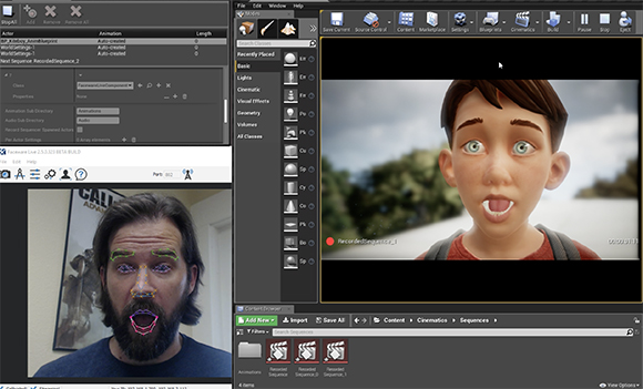 A software interface showing a 3D animated boy's face and a live video feed of a man's face with tracking points.