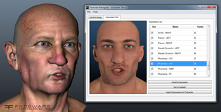 A 3D rendered male head next to a computer window displaying facial expression controls and a character preview.