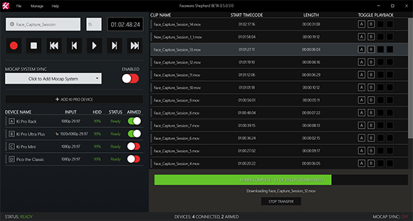 Software interface displaying a list of video clips with playback controls and device status.