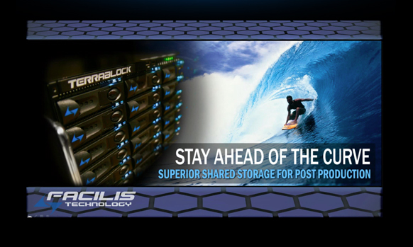 TerraBlock storage server next to a surfer riding inside a large blue wave with text reading 'Stay ahead of the curve'.
