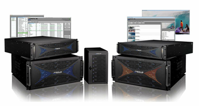 Several black rack-mounted server units arranged with various software interface windows in the background.