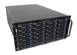 A black rack-mounted server unit with multiple drive bays and blue accents on a white background.