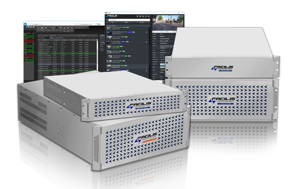 Three white Facilis server units stacked in front of computer software interface windows.