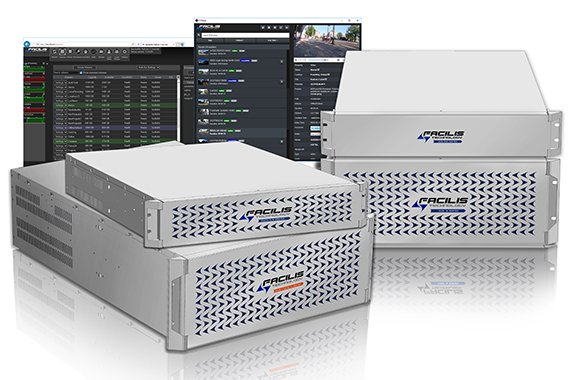 Three stacks of silver Facilis server hardware units positioned in front of computer software windows.