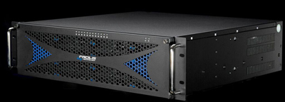 A black rack-mounted server chassis with a honeycomb mesh front panel featuring blue accents.